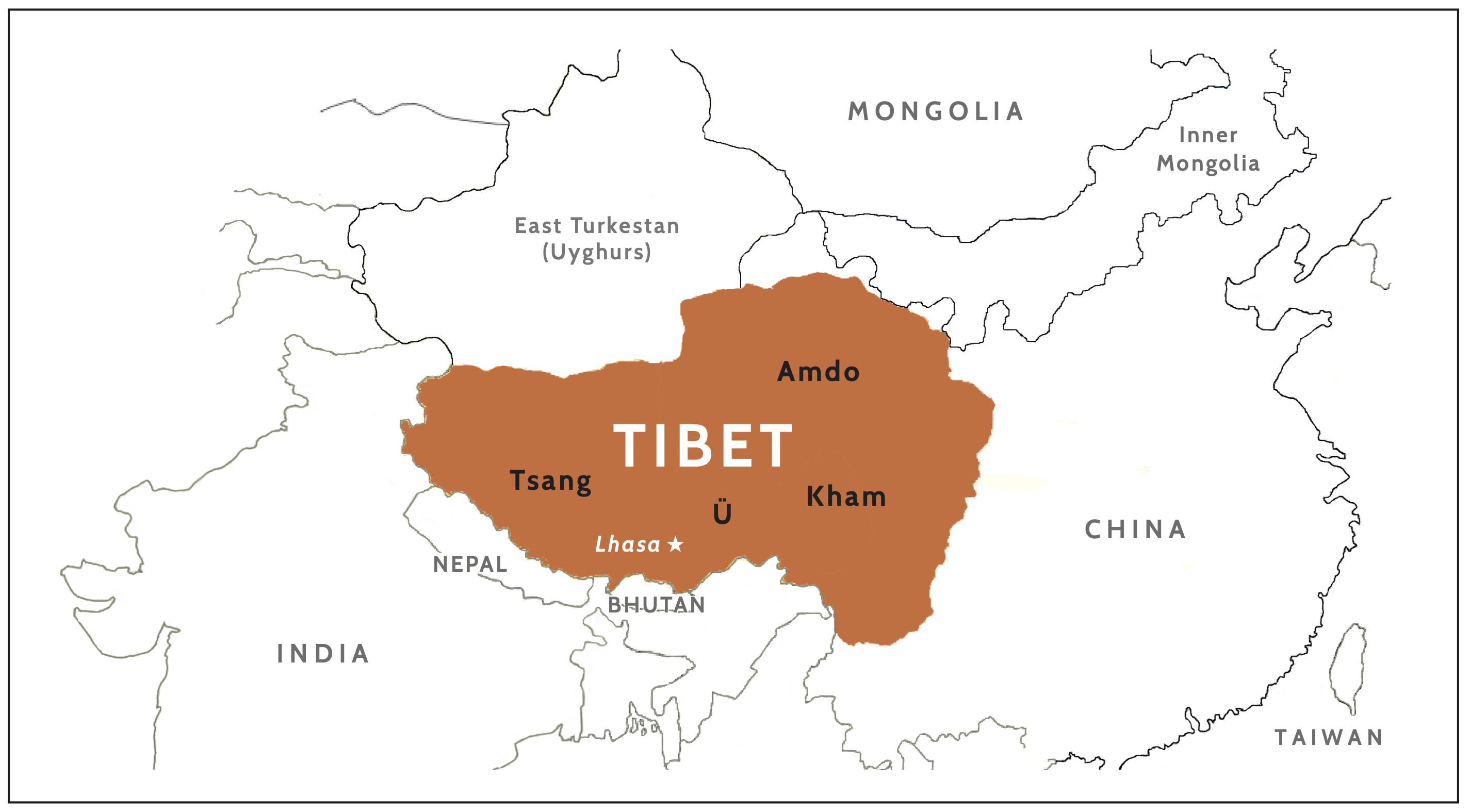 Map of Central Tibet: Ü, Tsang, Amdo, and Kham