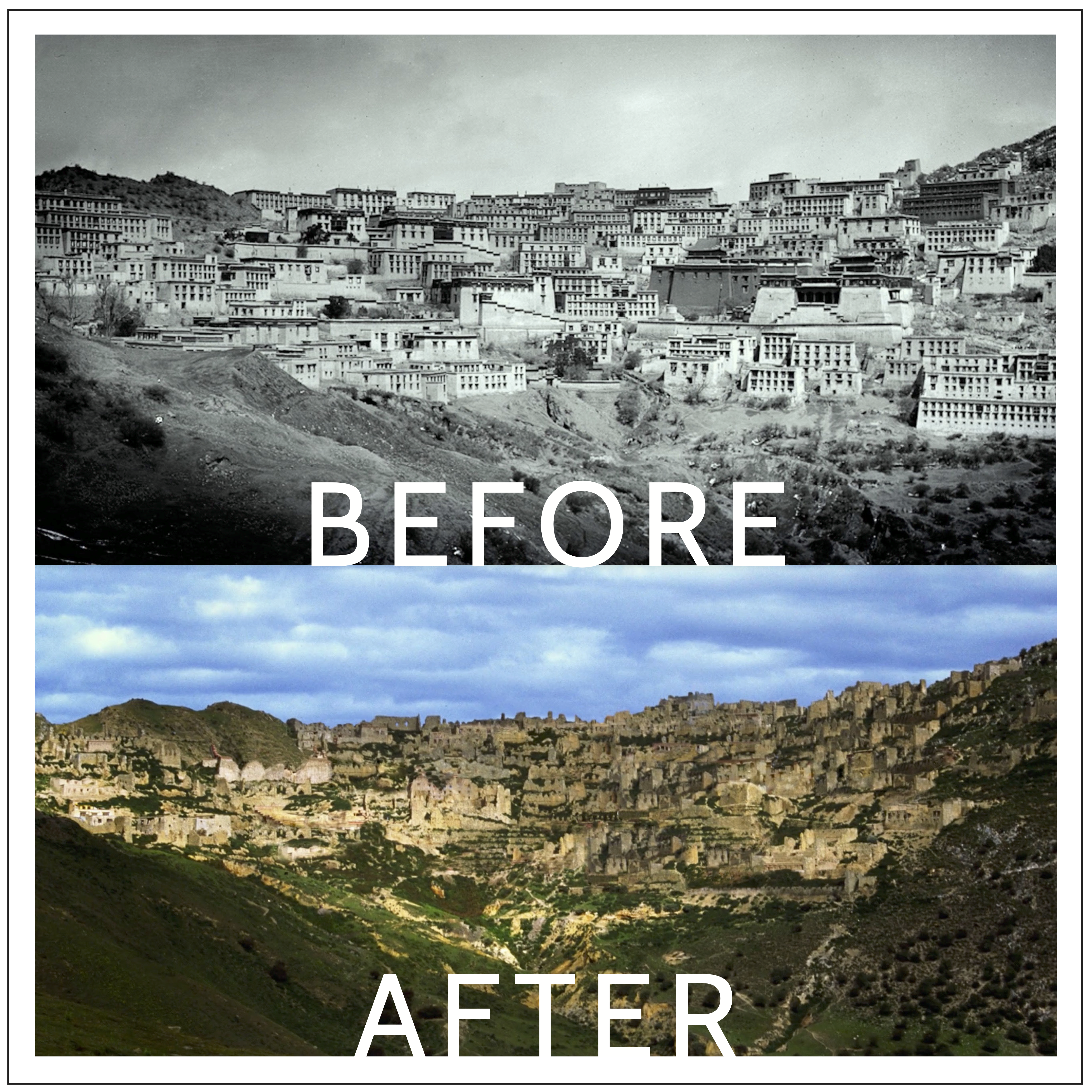 Ganden Monastery near Lhasa, before and after invasion of Tibet